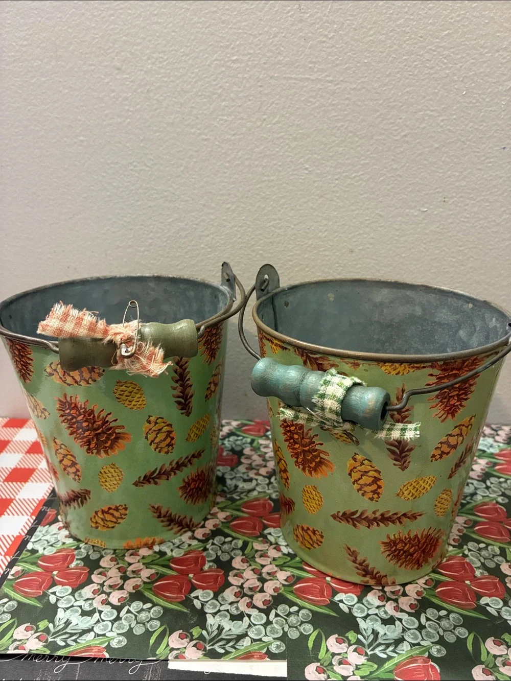 Festive Decorative Metal Holiday Buckets - Green & Cream Set